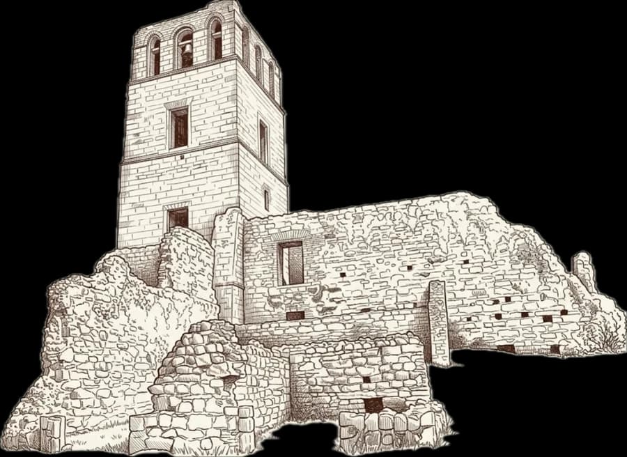 A pen drawing of the ruins of Panamá Viejo